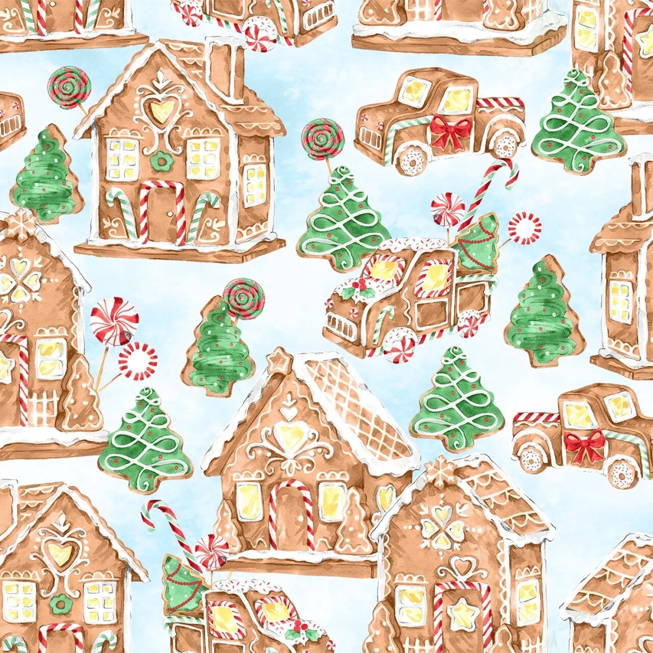3 Wishes Christmas Gingerneering Gingerbread Village 100% Cotton By the yard